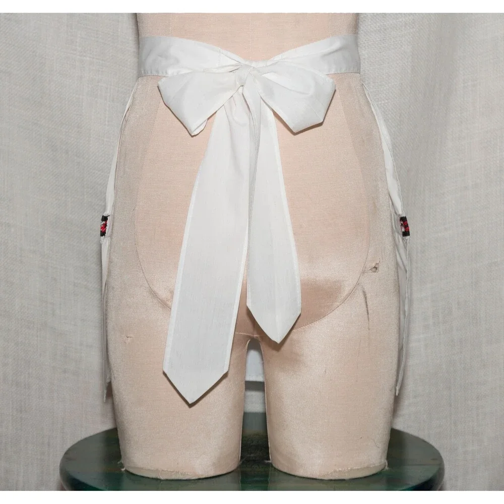Vintage Handmade White Half-Apron with Heart Ribbon Trim 1960s